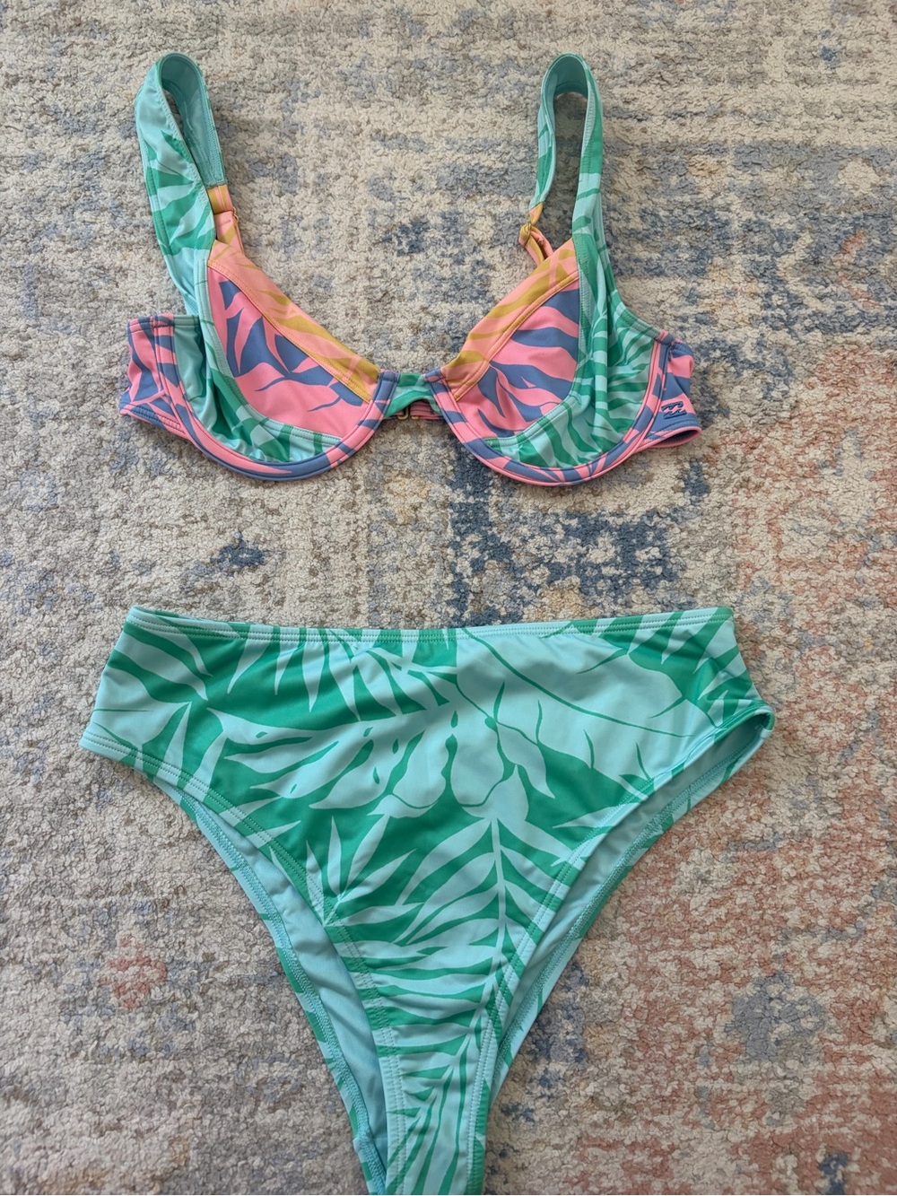 Billabong Pink and Green Leaf Print Bikini Set